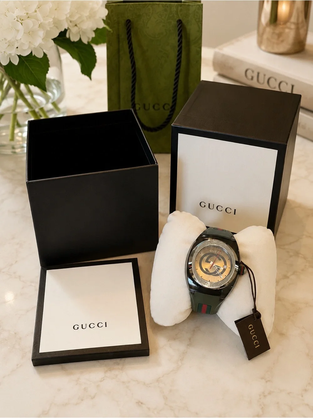 Gucci Men's Green and Gold Logo Dial Watch with Web Stripe